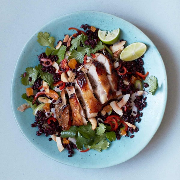 Sticky Thai chicken with black rice salad
