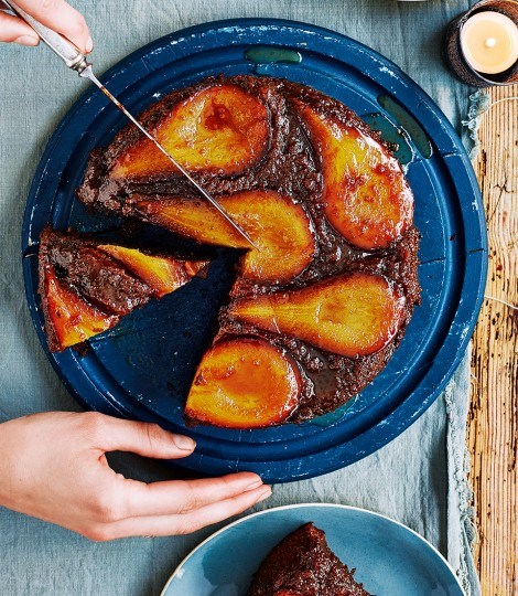Sticky toffee poached pear cake