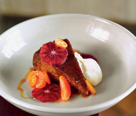 Sticky toffee pudding with blood orange, tangerine, and whipped crème fraîche