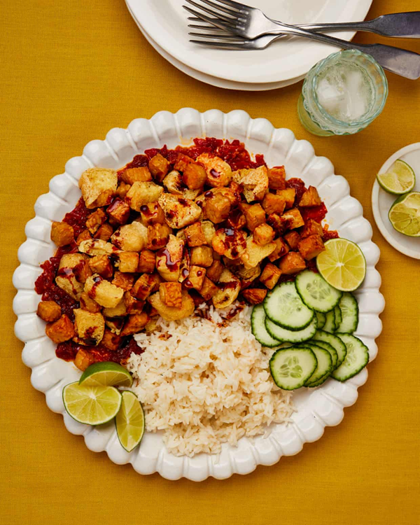 Sticky tofu and tempeh with sambal