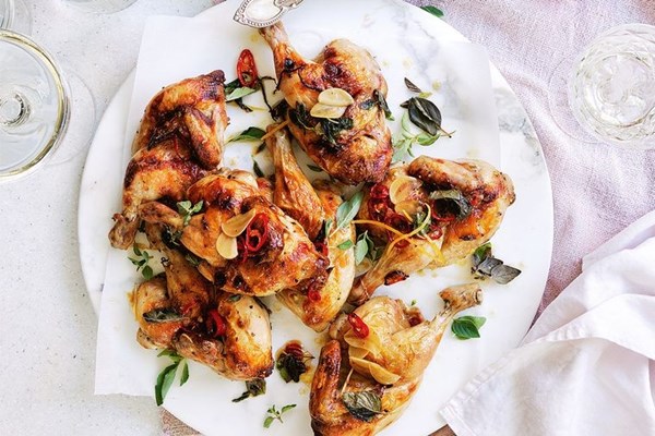 Sticky vermouth, chilli & garlic roasted spatchcocks