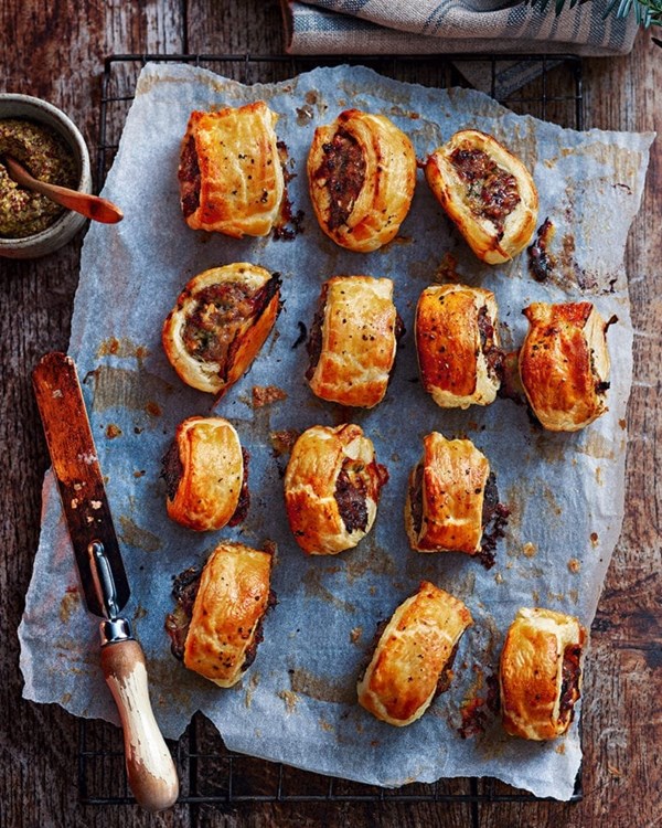 Stilton, date and walnut sausage rolls