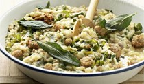Stilton risotto with sausage, spring greens and crispy sage