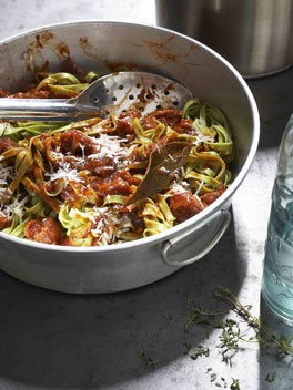 Stinging nettle tagliatelle with braised goat and thyme sauce