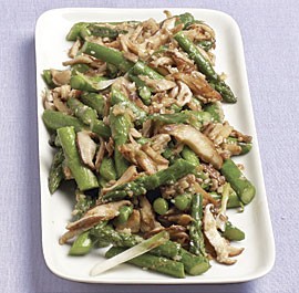 Stir-fried asparagus and shiitake with ginger and sesame