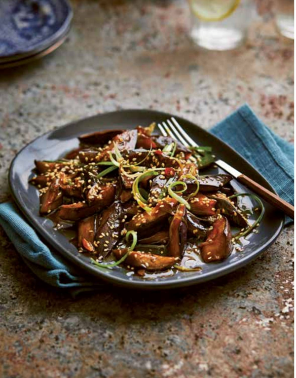 Stir-fried aubergine with sesame seeds