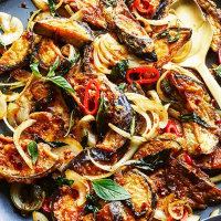 Stir-fried aubergine with sweet basil (Pad mah kuer)