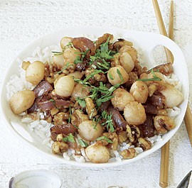 Stir-fried bay scallops with ginger, red onion, and toasted walnuts