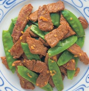 Stir-fried beef with mangetouts