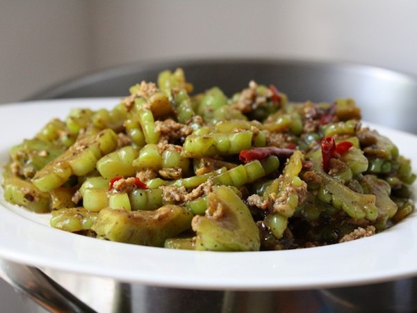 Stir-fried bitter melon with ground pork, fermented black beans, and fish sauce 