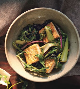 Stir-fried bok choy and mizuna with tofu