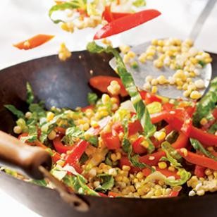 Stir-fried carrots, corn & peppers