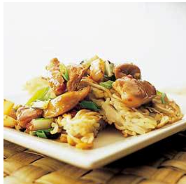 Stir-fried chicken with bok choy and crispy noodle cake
