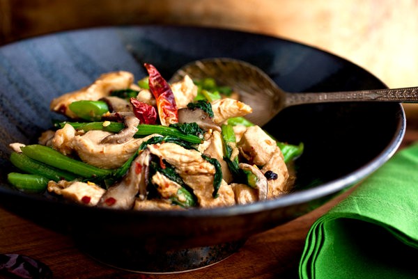 Stir-fried Chinese broccoli and chicken with hoisin