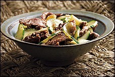 Stir-fried cucumber and pork with golden garlic