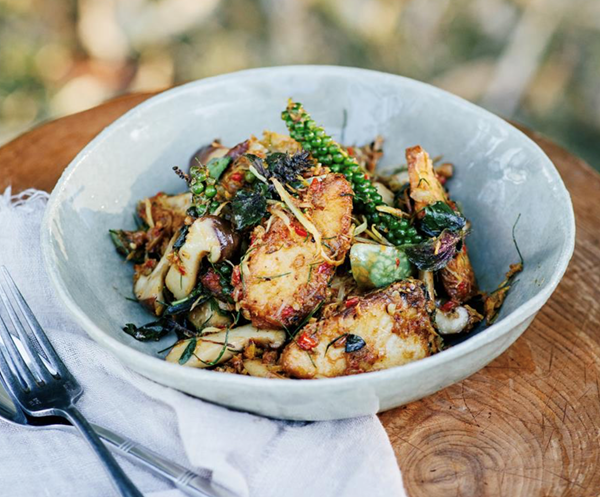 Stir-fried fish with holy basil, wild ginger and green peppercorns (Padt cha bpla)