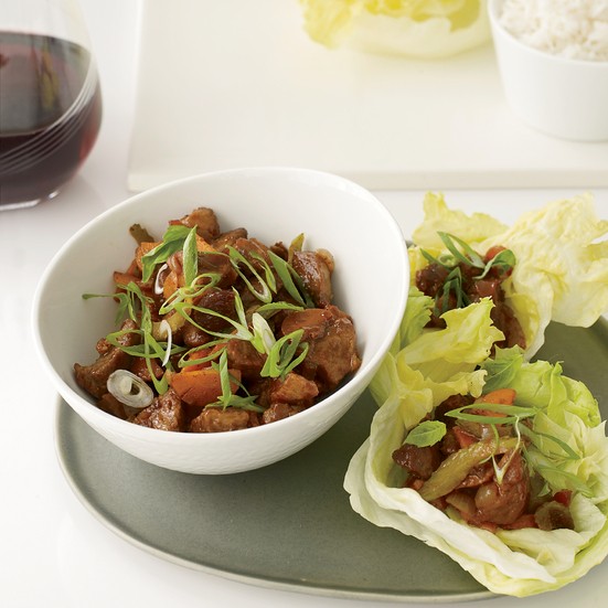 Stir-fried five-spice pork with lettuce cups