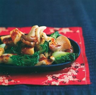 Stir-fried fresh beancurd, pak choy and oyster mushrooms in black bean sauce