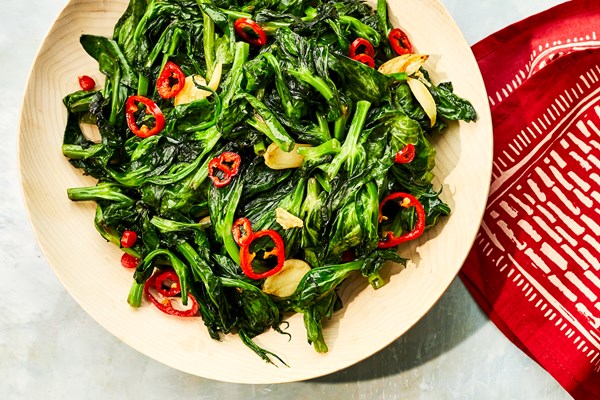 Stir-fried garlicky snow pea shoots