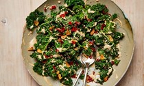 Stir-fried kale with tahini, chilli and soy