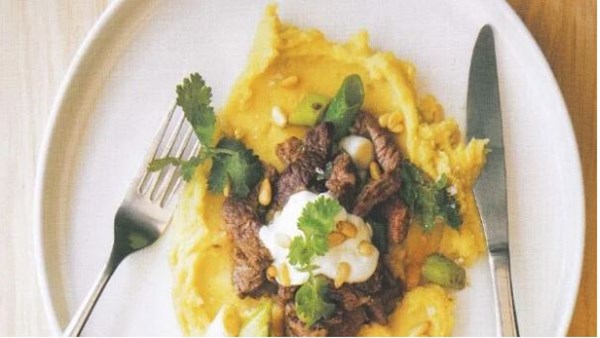 Stir-fried lamb with kumara puree
