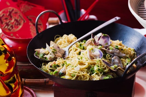 Stir-fried noodles & pipis with sake butter