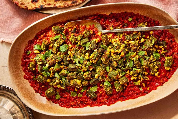 Stir-fried okra with tomatoes and spices (Bhindi masala with tomato tarka)