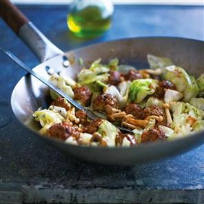 Stir-fried pork and prawn balls with cabbage
