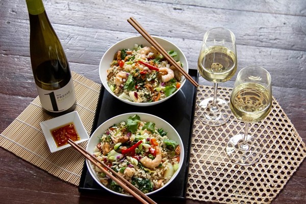 Stir-fried rice with seafood and pak choi