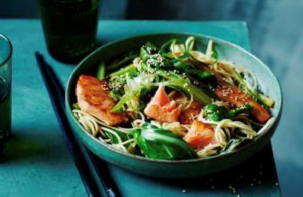 Stir-fried salmon, choy sum, snow peas, crispy chilli and sesame noodles