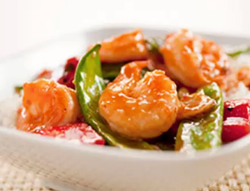 Stir-fried shrimp with garlicky eggplant, scallions, and cashews