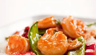 Stir-fried shrimp with garlicky eggplant, scallions, and cashews