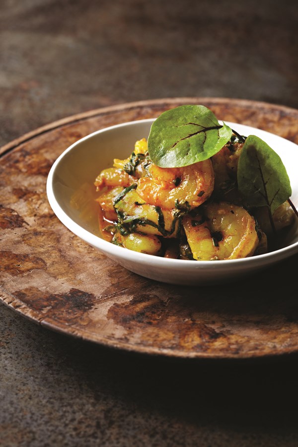 Stir-fried shrimps with red chard