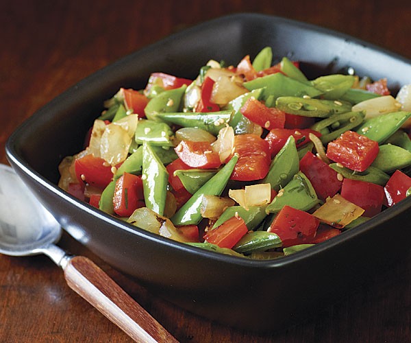 Stir-fried snap peas and red peppers