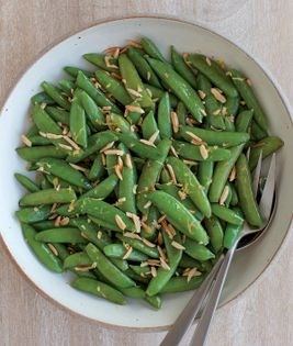 Stir-fried snap peas with almonds, maple, and soy