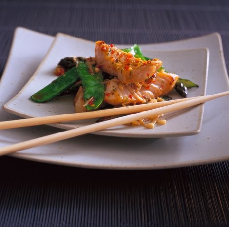 Stir-fried snapper with asparagus, snow peas and enoki mushrooms