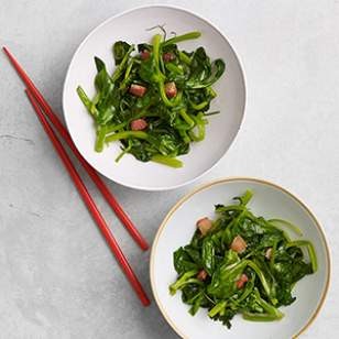 Stir-fried snow pea shoots with pancetta