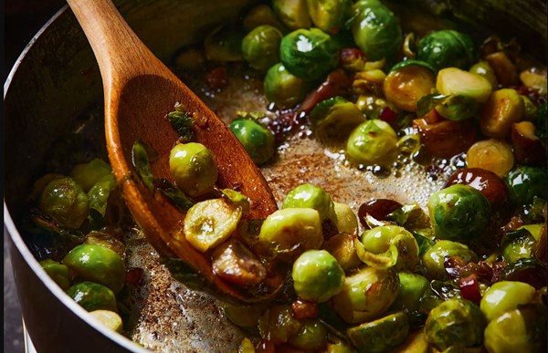 Stir fried sprouts with chestnuts & pancetta