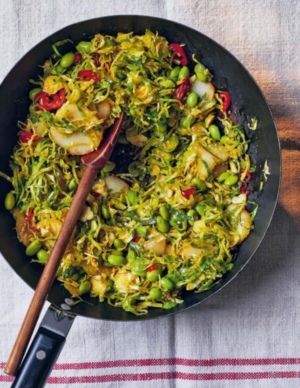 Stir-fried sprouts with edamame, ginger and chilli