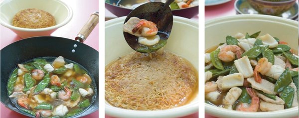 Stir-fried squid and pork on noodle pancake