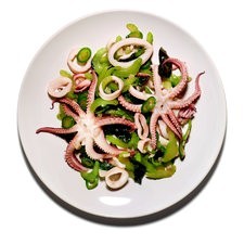 Stir-fried squid with chiles, celery, and basil