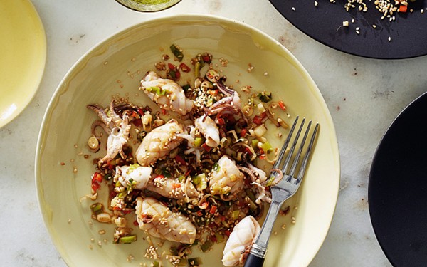 Stir-fried squid with ginger, lemon-grass and chilli