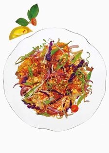 Stir-fried sweet potato noodles with pork belly, black pepper, and red cabbage (Pancit bihon camote)