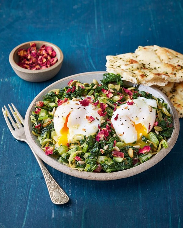 Stir-fried Swiss chard with poached eggs (Silqi surkrawa)
