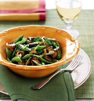 Stir-fried tofu with mushrooms, sugar snap peas, and green onions