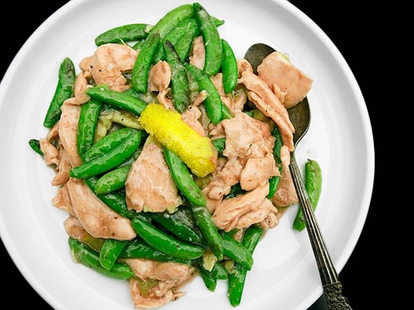 Stir-fried velvet chicken with snap peas and lemon-ginger sauce