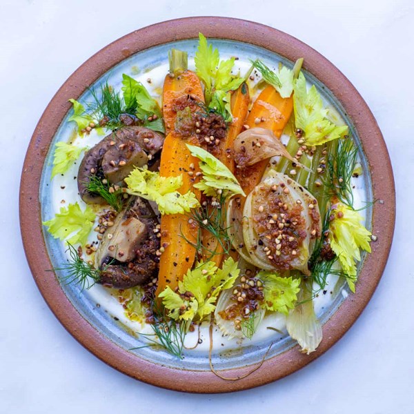 Stock vegetables with miso brown butter and yoghurt