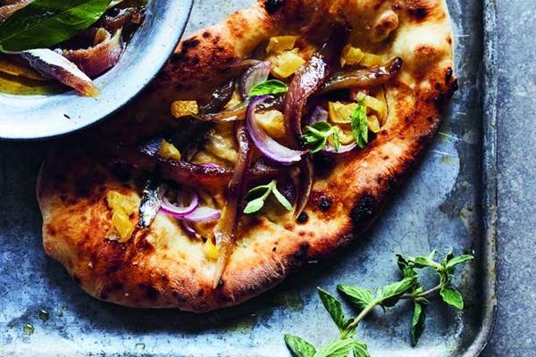Stone-baked flatbreads with cured sardines and preserved lemon 