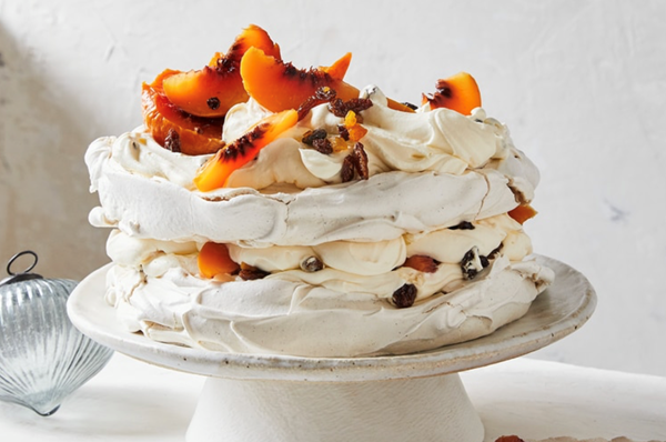 Stone fruit and Christmas pudding Pavlova