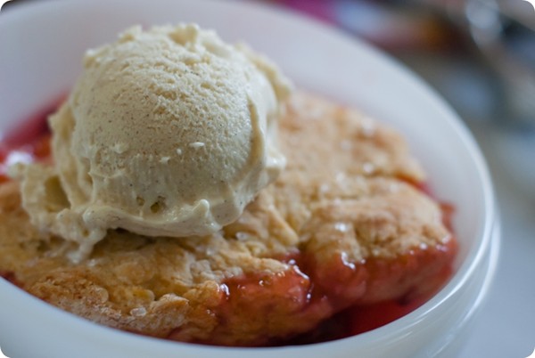 Stone fruit and raspberry cobbler